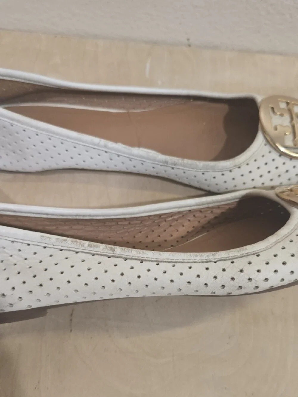 Tory Burch White Perforated Leather Logo Medallion Flats